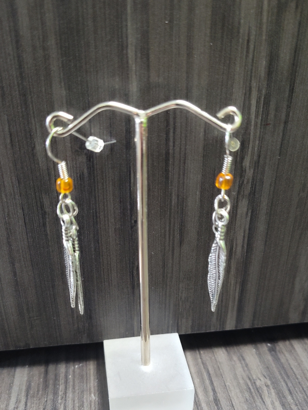 Amber Bead Silver Feather Dangle Earrings